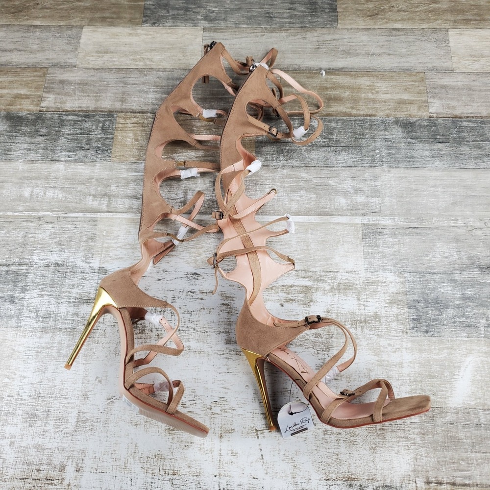London Rag Gossip Dramatic Strappy Sandals Sz 8 Taupe Stiletto Heels Back Zipper